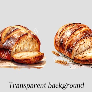 May include: Two loaves of freshly baked bread, one sliced and one whole, with a rustic, hand-painted style. The bread is golden brown and has a slightly crusty exterior. The background is a light gray.
