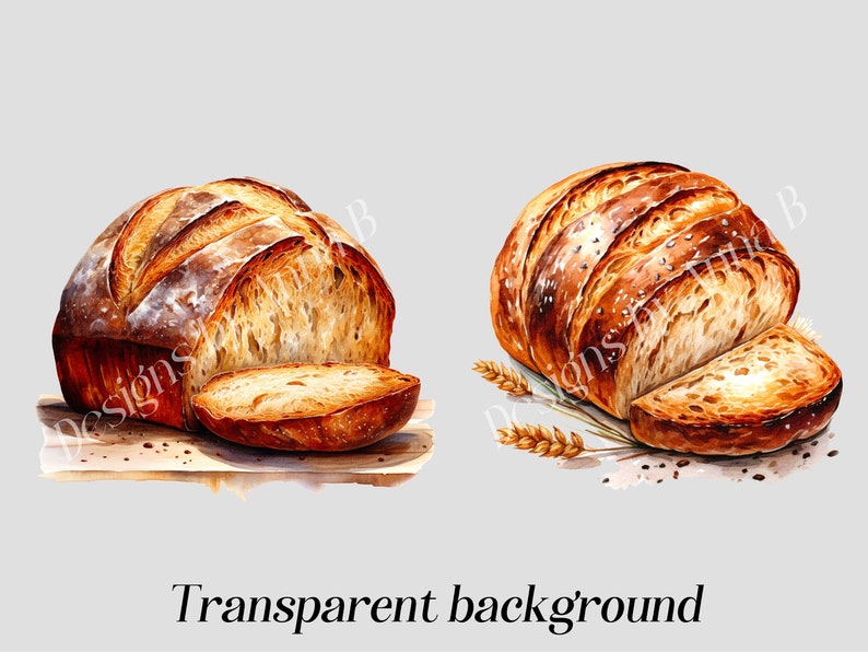 May include: Two loaves of freshly baked bread, one sliced and one whole, with a rustic, hand-painted style. The bread is golden brown and has a slightly crusty exterior. The background is a light gray.
