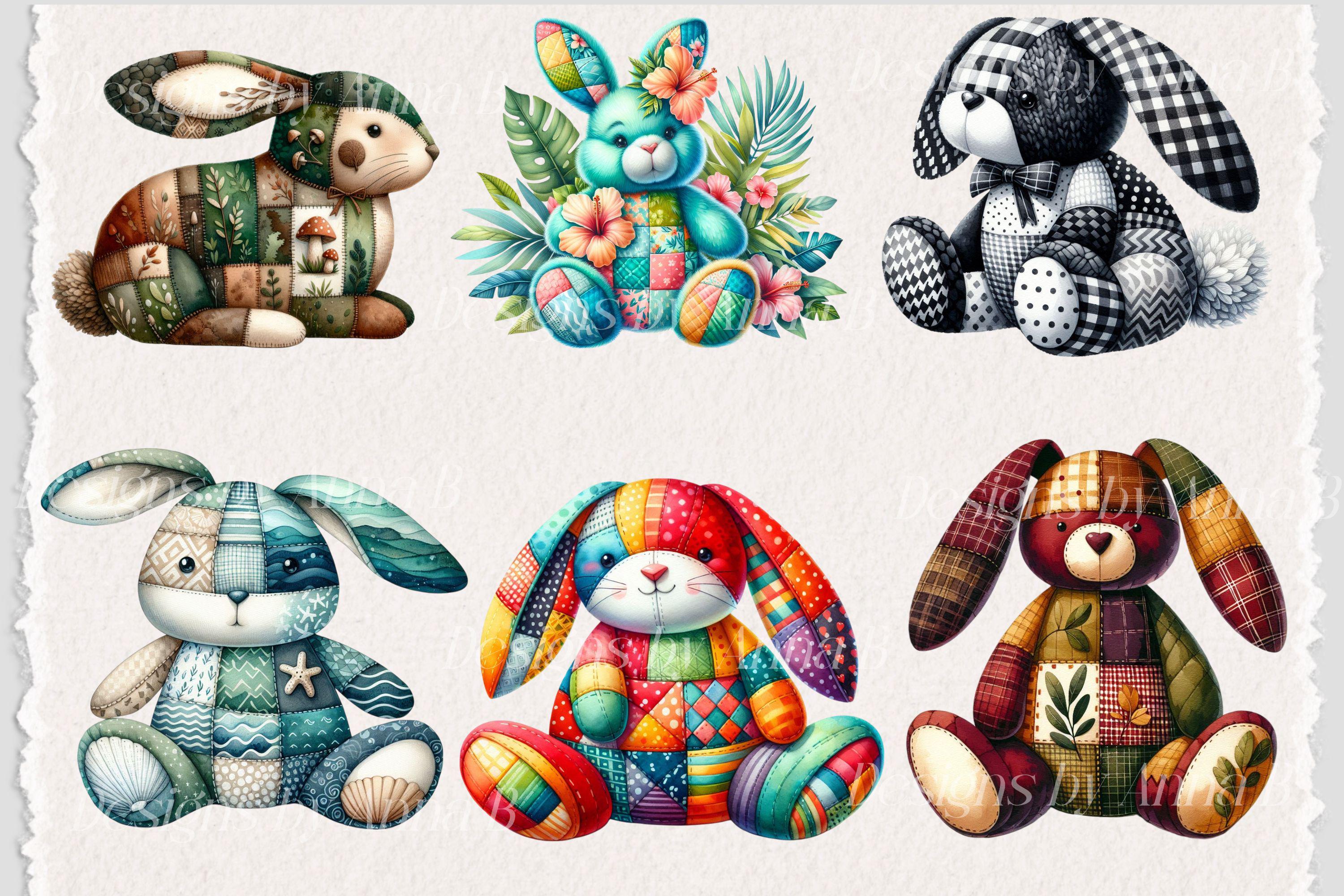 Patchwork Rabbit Oc Watercolor Patchwork Bunny Clipart: Nursery Art Prints (digital ...