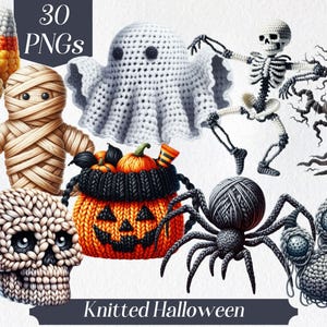 Clipart Halloween tricoté, tricot, fil d'halloween, citrouille tricotée, décoration d'halloween, laine d'halloween, tricot d'automne, halloween au crochet