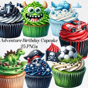 Clipart de cupcakes de cumpleaños, cupcakes divertidos para niños, camiones, monstruos, autos, piratas, imprimible, ilustración de cupcakes, descarga digital