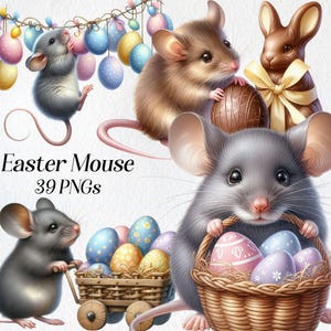 Peut inclure: Trois souris de dessin animé habillées en tenue de Pâques. Une souris tient un panier d'œufs colorés, une autre tient un œuf en chocolat et la troisième tire un chariot rempli d'œufs. L'arrière-plan est bleu clair avec une guirlande d'œufs colorés.