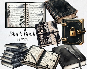 Gothic Black Book Clipart: Vintage Journal & Spellbook PNGs (Digital Download)