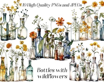 Watercolor Wildflowers Clipart: Boho Floral Bottles (Digital Download)