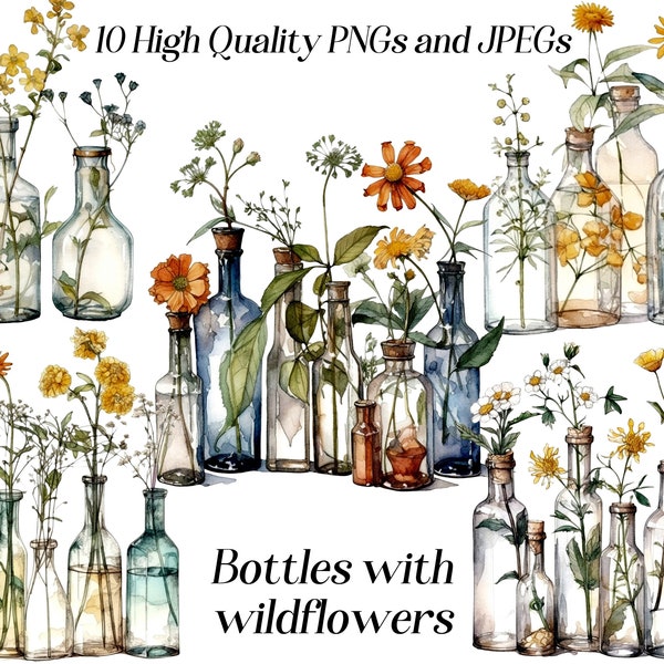 Watercolor wildflowers clipart, 10 High Quality JPEG and PNG files, boho clipart, greenery clipart, cottagecore, farmhouse clipart, cottage