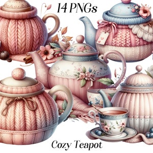 Clipart aquarelle théière confortable, 14 fichiers PNG, théière en tricot rose, shabby chic, théière vintage, girly, illustration de théière, bouilloire