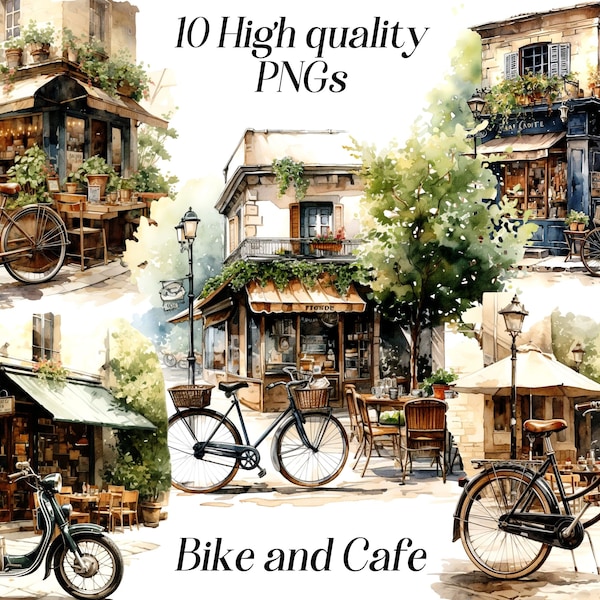 Watercolor Bike and Cafe clipart, 10 high quality PNG files, parisian cafe, paris clip art, bicycle clipart, printable graphics