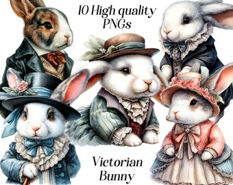 Watercolor Victorian Bunny Clipart: Animal PNG Images (Digital Download)
