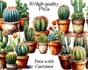 Clipart di cactus ad acquerello: grafica PNG di piante grasse in vaso (download digitale)