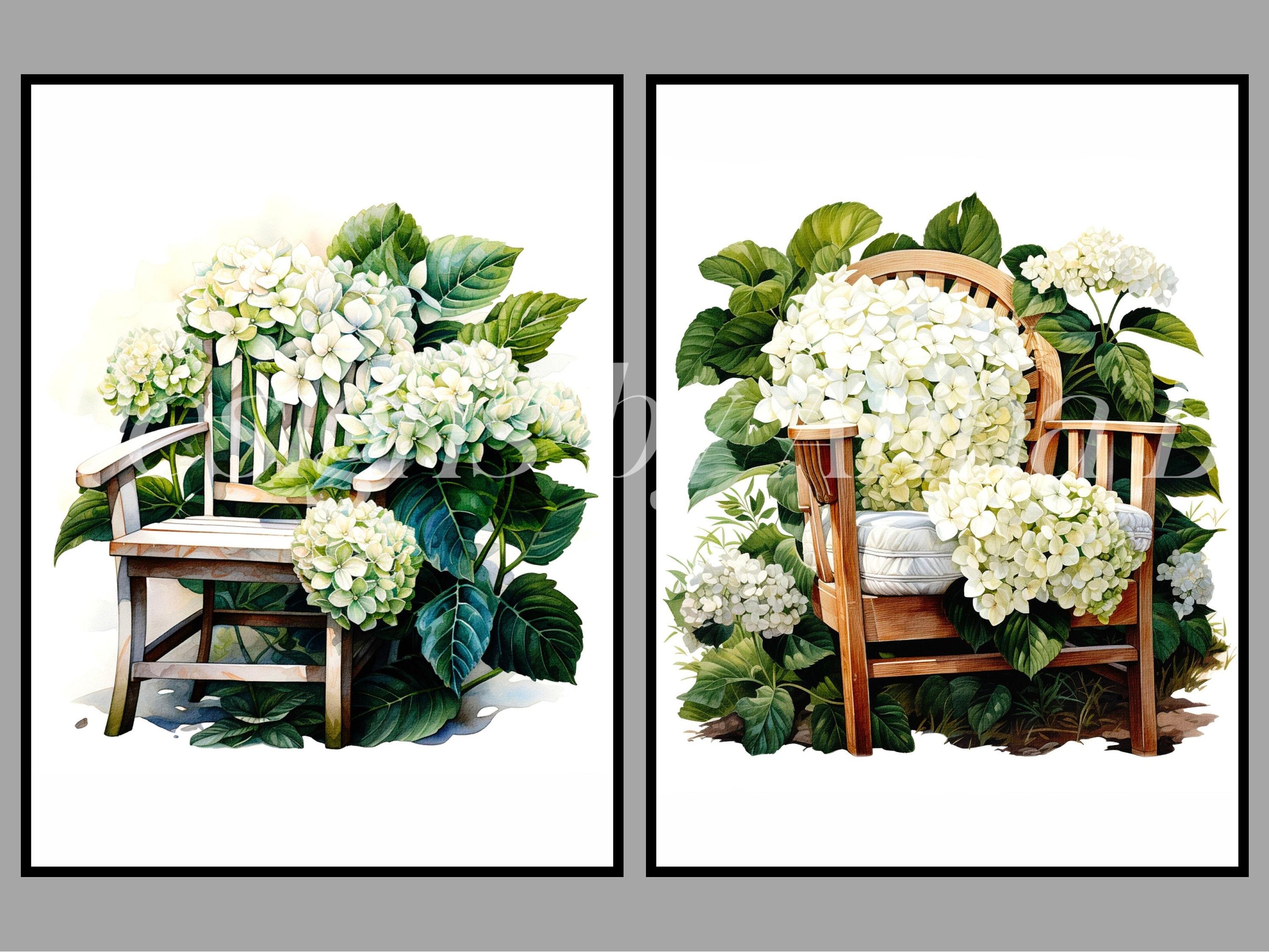 Script Flower Hydrangea Chair Watercolor Chair Clipart: Hydrangea Flowers, Cottagecore Furniture ...