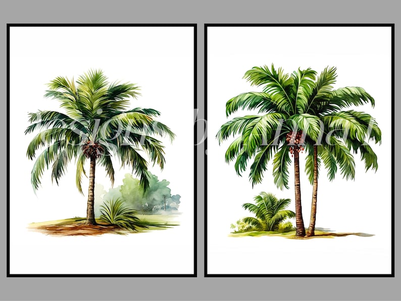May include: Two watercolor paintings of palm trees. The first painting shows a single palm tree with green leaves and a brown trunk. The second painting shows two palm trees with green leaves and brown trunks.