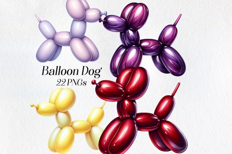 May include: Four balloon animal dogs in different colors: purple, red, yellow, and light purple.  The balloon dogs are all in a playful pose with their heads tilted and their tails curled.  The text "Balloon Dog' 22 PNGs" is written below the balloon dogs.