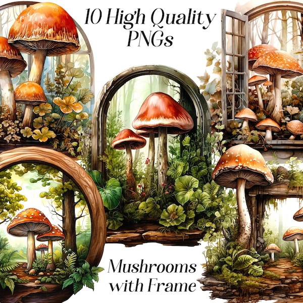 Watercolor mushrooms clipart, 10 high quality PNG Files, mushroom window, frame with fungi, toadstool clip art, printables