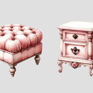 May include: A pink upholstered ottoman with tufted detailing and four turned legs, and a pink wooden nightstand with two drawers and ornate carvings.