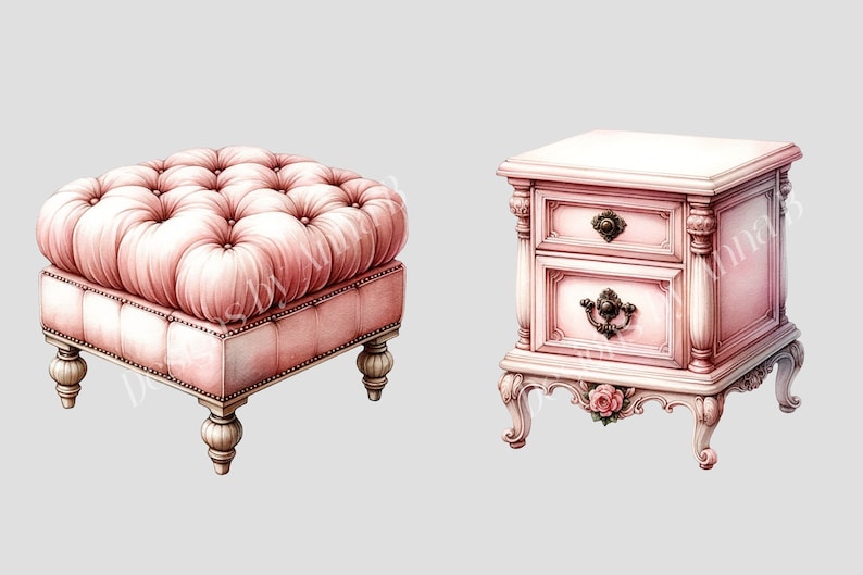 May include: A pink upholstered ottoman with tufted detailing and four turned legs, and a pink wooden nightstand with two drawers and ornate carvings.
