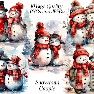 Aquarel sneeuwpop paar clipart, 10 hoge kwaliteit jpeg- en png-bestanden, beste vrienden, romantisch stel, winterfeest, printables