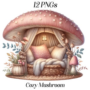 Clipart acquerello accogliente fungo, 12 file PNG, fungo rosa, angolo lettura accogliente, angolo accogliente, fungo fantasy, piccola stanza, stampabili