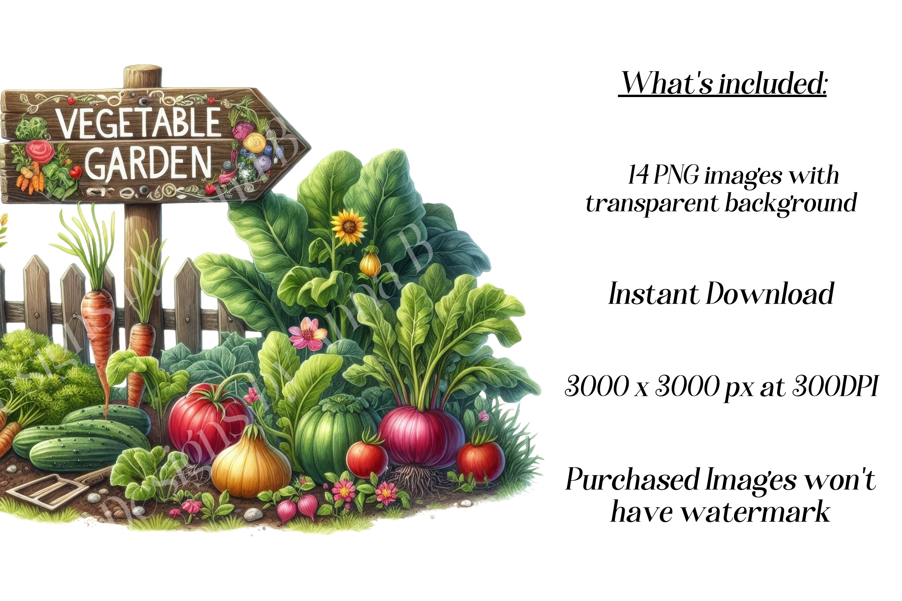 Watercolor Garden Clipart: Vegetable Patch PNG Images (digital Download ...