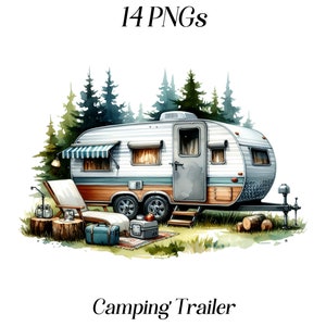 Aquarel campingtrailer clipart, 14 png-bestanden, zomerkamperen, camping, staycation, vakantie, vakantie, roadtrip, illustratie