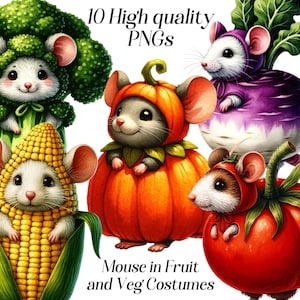 Ratón de acuarela en imágenes prediseñadas de disfraces de frutas y verduras, 10 archivos PNG de alta calidad, ratón lindo, imágenes prediseñadas de vivero, imágenes prediseñadas de alimentos, imprimibles