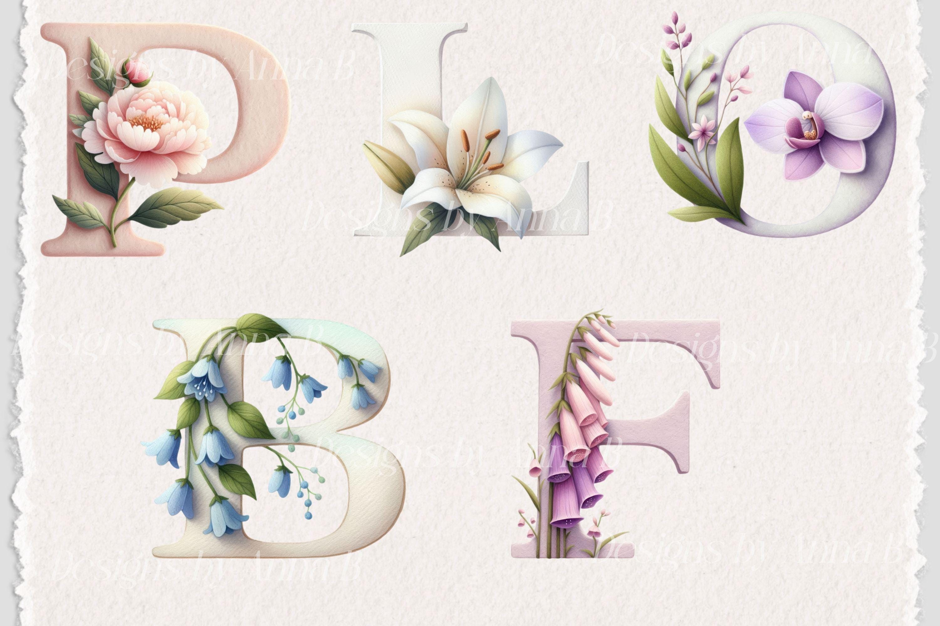 Pastel Floral Alphabet Clipart: Nursery Letter PNG Set (digital ...