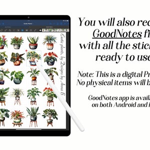 Pu&ograve; includere: Un download digitale di 24 illustrazioni ad acquerello di piante esotiche in vaso. Le illustrazioni sono disposte in una griglia su uno sfondo bianco. Il testo "Exotic plants, by Designs by Anna B" si trova nell'angolo in alto a destra dell'immagine. Riceverai anche un file GoodNotes con tutti gli adesivi pronti all'uso! Nota: Questo &egrave; un prodotto digitale, non saranno inviati articoli fisici. L'app GoodNotes &egrave; disponibile sia per Android che per iOS.