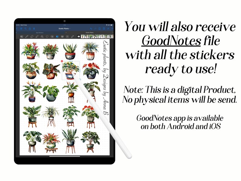 Pu&ograve; includere: Un download digitale di 24 illustrazioni ad acquerello di piante esotiche in vaso. Le illustrazioni sono disposte in una griglia su uno sfondo bianco. Il testo "Exotic plants, by Designs by Anna B" si trova nell'angolo in alto a destra dell'immagine. Riceverai anche un file GoodNotes con tutti gli adesivi pronti all'uso! Nota: Questo &egrave; un prodotto digitale, non saranno inviati articoli fisici. L'app GoodNotes &egrave; disponibile sia per Android che per iOS.