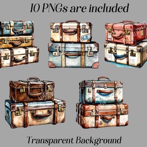 May include: Set of ten vintage-style suitcases with brown, blue, and red leather accents. The suitcases are stacked in pairs and have a worn, weathered look.  The background is transparent.