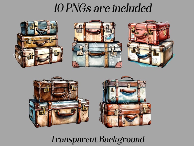 May include: Set of ten vintage-style suitcases with brown, blue, and red leather accents. The suitcases are stacked in pairs and have a worn, weathered look.  The background is transparent.