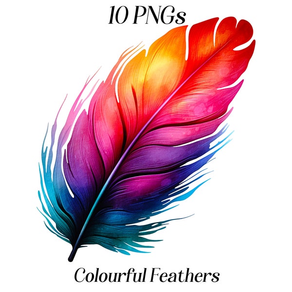 Watercolor feathers clipart, 10 high quality PNG files, boho clipart, bohemian feathers, parrot feathers, colourful graphics, printables