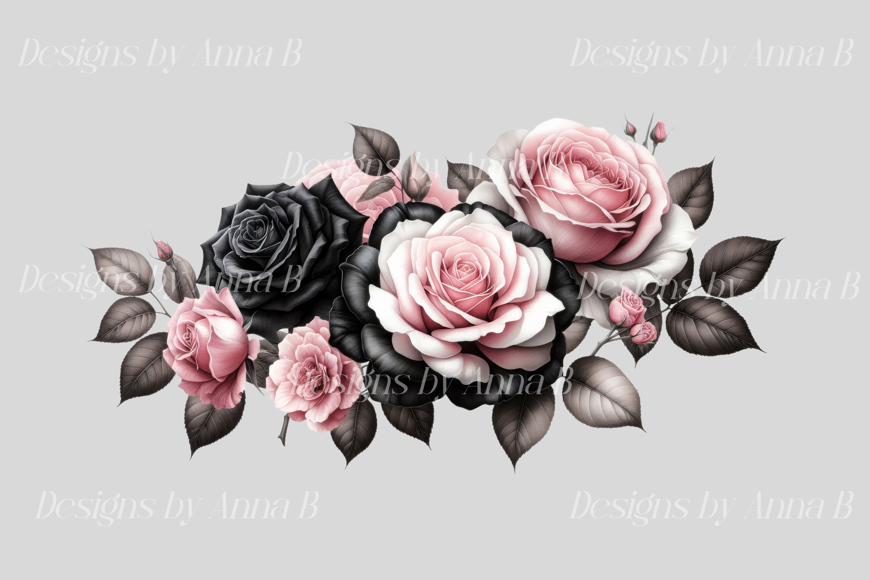 Clipart de rosas negras y rosas en acuarela: Imágenes PNG florales  (descarga digital) - Etsy México, image size:3000x2000