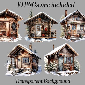 Puede incluir: Un conjunto de diez im&aacute;genes digitales que presentan ilustraciones de caba&ntilde;as de madera r&uacute;sticas con techos cubiertos de nieve. Las caba&ntilde;as tienen ventanas, puertas y chimeneas. El fondo es transparente.