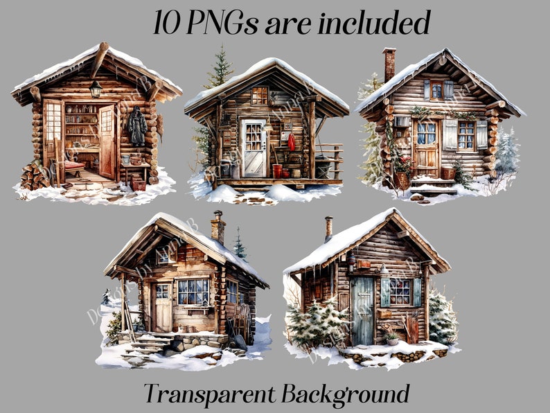 Puede incluir: Un conjunto de diez im&aacute;genes digitales que presentan ilustraciones de caba&ntilde;as de madera r&uacute;sticas con techos cubiertos de nieve. Las caba&ntilde;as tienen ventanas, puertas y chimeneas. El fondo es transparente.