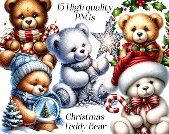 Watercolor Christmas Teddy Bear Clipart: 15 PNG Holiday Illustrations (Digital Download)