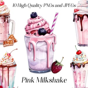 Watercolor milkshake clipart, 10 high quality JPEG and PNG files, Drink clipart, cute kawaii drink, Milk drink, printable graphics.