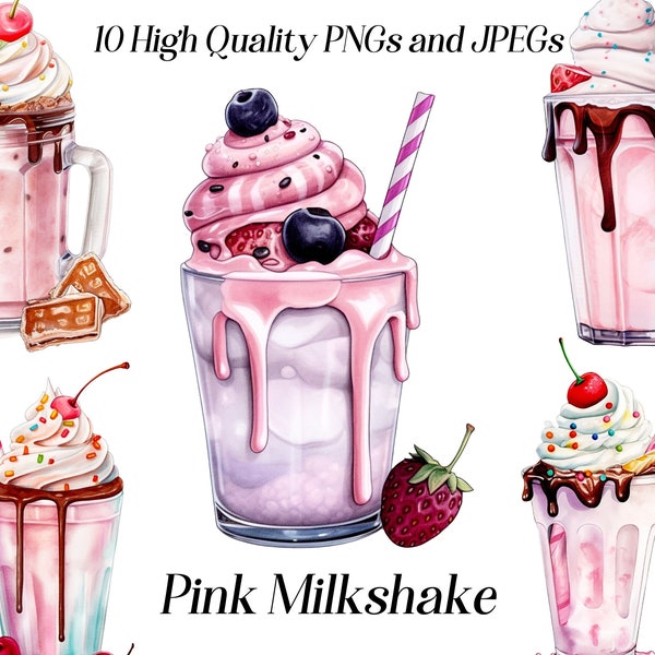 Watercolor milkshake clipart, 10 high quality JPEG and PNG files, Drink clipart, cute kawaii drink, Milk drink, printable graphics.