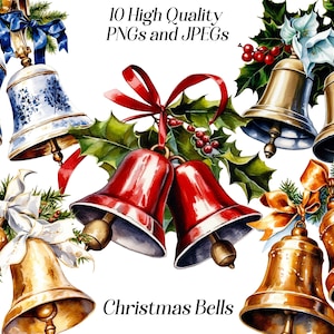 Watercolor Christmas Bells clipart, 10 high quality JPEG and PNG files, Christmas decoration, card making, scrapbooking, printable graphics