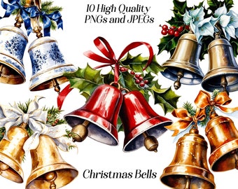 Watercolor Christmas Bells clipart, 10 high quality JPEG and PNG files, Christmas decoration, card making, scrapbooking, printable graphics