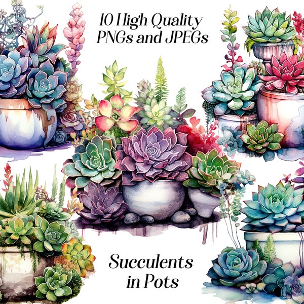 Watercolor succulents clipart, 10 high quality JPEG and PNG files, Plants in pots, greenery clip art, indoor plants, printable graphics