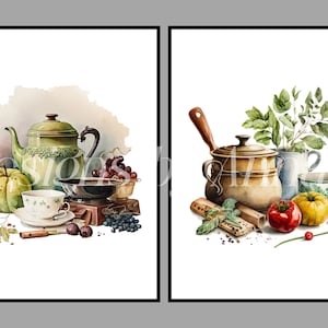 Puede incluir: Dos acuarelas de bodegones. La primera pintura presenta una tetera verde, una taza y un platillo, una calabaza verde, una manzana roja, uvas y ar&aacute;ndanos. La segunda pintura presenta una olla marr&oacute;n con una cuchara de madera, un manojo de hierbas verdes, una jarra blanca, un tomate rojo, un tomate amarillo y una cebolla morada.