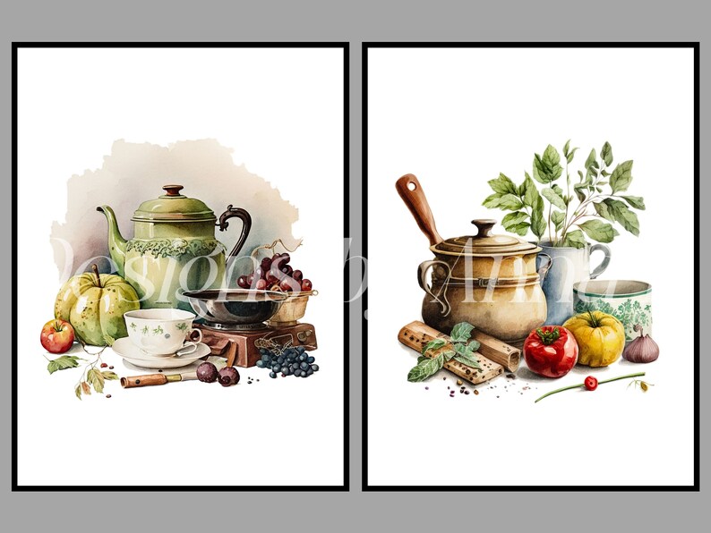 Puede incluir: Dos acuarelas de bodegones. La primera pintura presenta una tetera verde, una taza y un platillo, una calabaza verde, una manzana roja, uvas y ar&aacute;ndanos. La segunda pintura presenta una olla marr&oacute;n con una cuchara de madera, un manojo de hierbas verdes, una jarra blanca, un tomate rojo, un tomate amarillo y una cebolla morada.