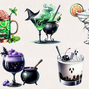 May include: Five Halloween-themed cocktails: a green brain-shaped cocktail with a skeleton hand, a green cocktail with a witch's hat, a white cocktail with a mummy design, a purple cocktail with a cauldron, and a white cocktail with a ghost and a cherry.