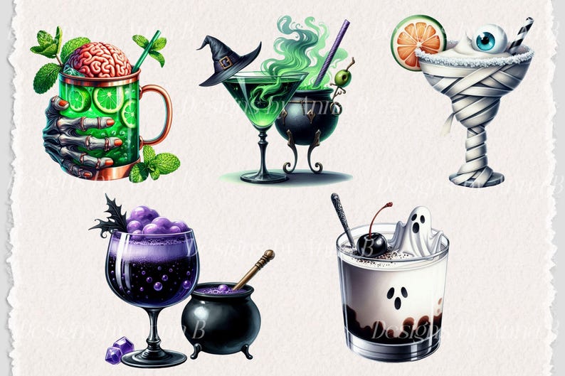 May include: Five Halloween-themed cocktails: a green brain-shaped cocktail with a skeleton hand, a green cocktail with a witch's hat, a white cocktail with a mummy design, a purple cocktail with a cauldron, and a white cocktail with a ghost and a cherry.