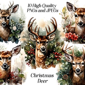 Clipart aquarelle de cerf de Noël, 10 fichiers JPEG et PNG de haute qualité, cerf avec couronne, cerf de Noël, vacances d'hiver, fabrication de cartes, album