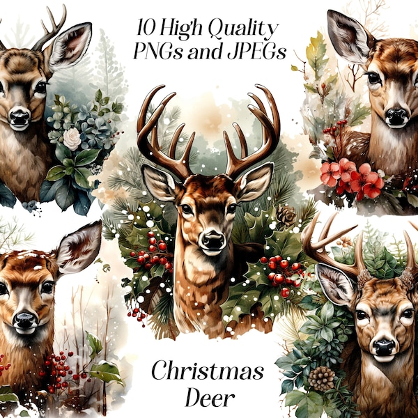 Watercolor Christmas Deer clipart, 10 high quality JPEG and PNG files, Deer with wreath, xmas deer, winter holidays, card making, scrapbook