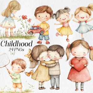 Clipart infanzia - Bambini carini ad acquerello che giocano PNG, adorabile arte di ragazzi e ragazze, illustrazioni semplici infantili