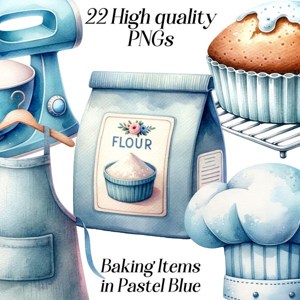 Watercolor Baking Items in Pastel Blue clipart, 22 high quality PNG files, cooking, bakery, kitchen clipart, kitchen tools, pastry clip art