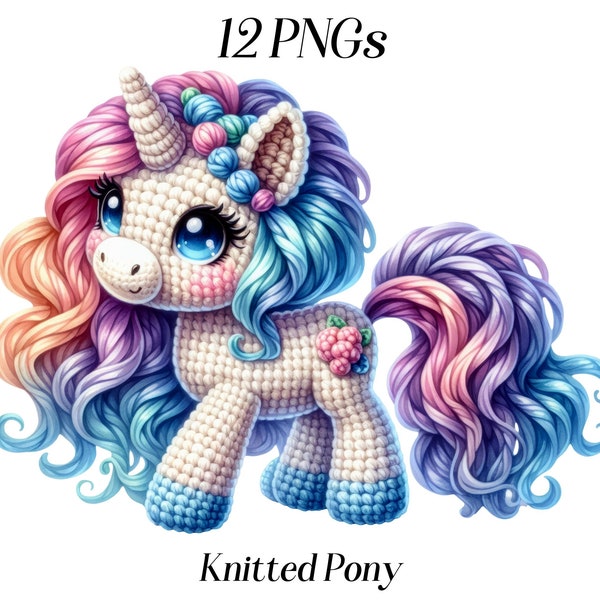 Watercolor Knitted Pony clipart, 12 PNG files, crochet animals, cute horse, farm animals, unicorn, nursery clipart, printable graphics