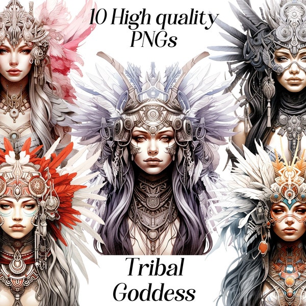 Aquarel Tribal Godin clipart, 10 hoge kwaliteit PNG-bestanden, prachtige vrouwelijke illustraties, fantasie clipart, vrouwelijke krijger graphics, krachtig