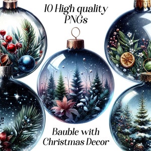 Watercolor baubles with Christmas Decor clipart, 10 high quality PNG files, ornaments, winter holidays, festive clip art, xmas graphics